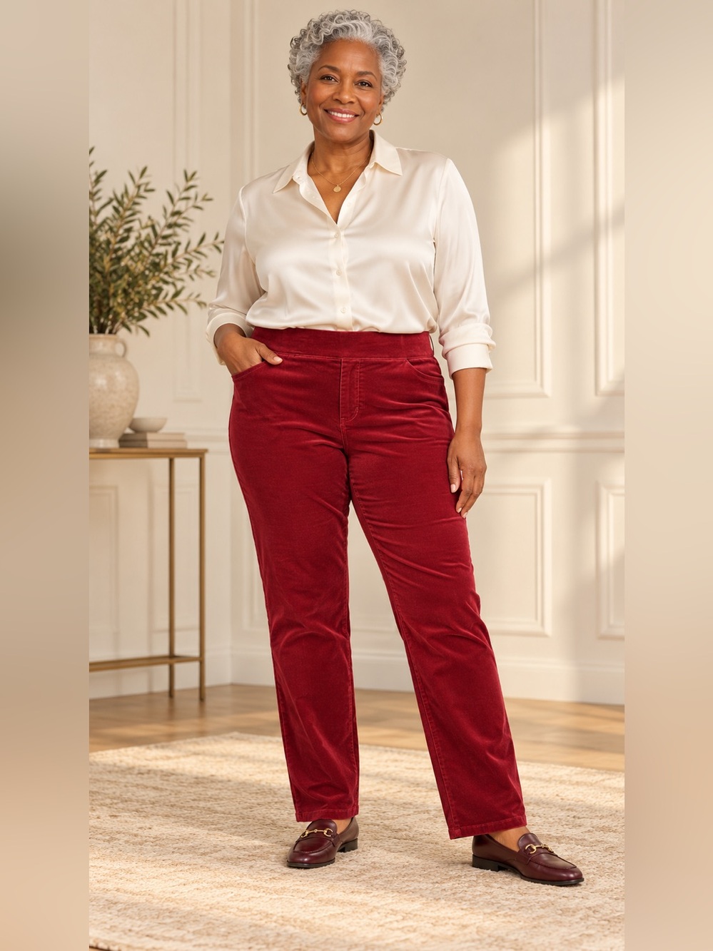 Denim & Co XL Cranberry Velvet Pull-On Pants